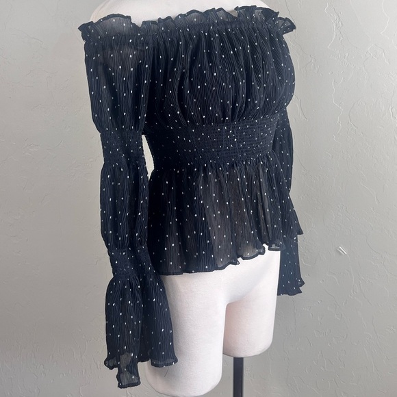 Endless Rose Sheer Black White Polka Dot Smocked Top - Picture 2 of 7